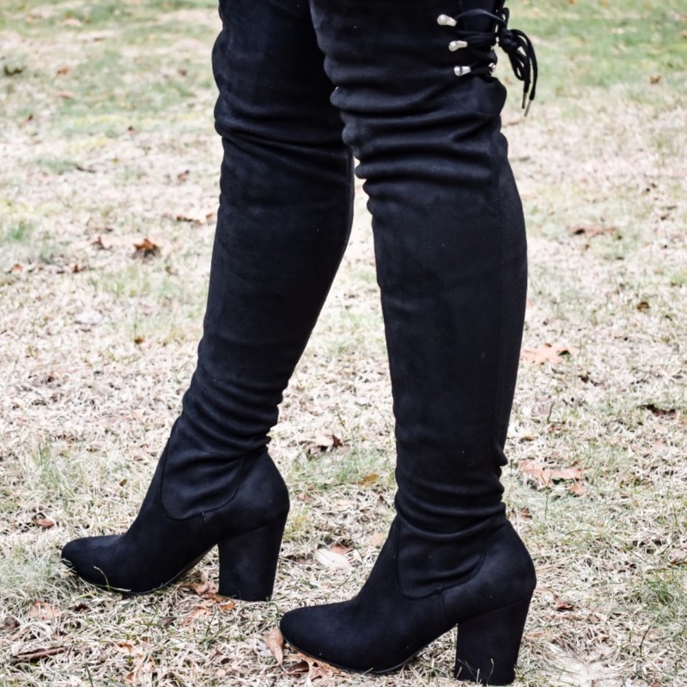 Vegan Suede Over the Knee Tie Boot (Black)